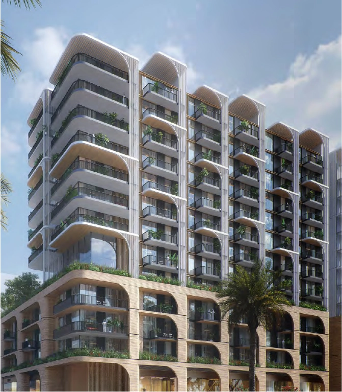 Elegant façade of Manarat Living with modern balconies and art-inspired design